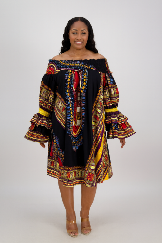 T-1721 African Dashiki Off-Shoulder Dress