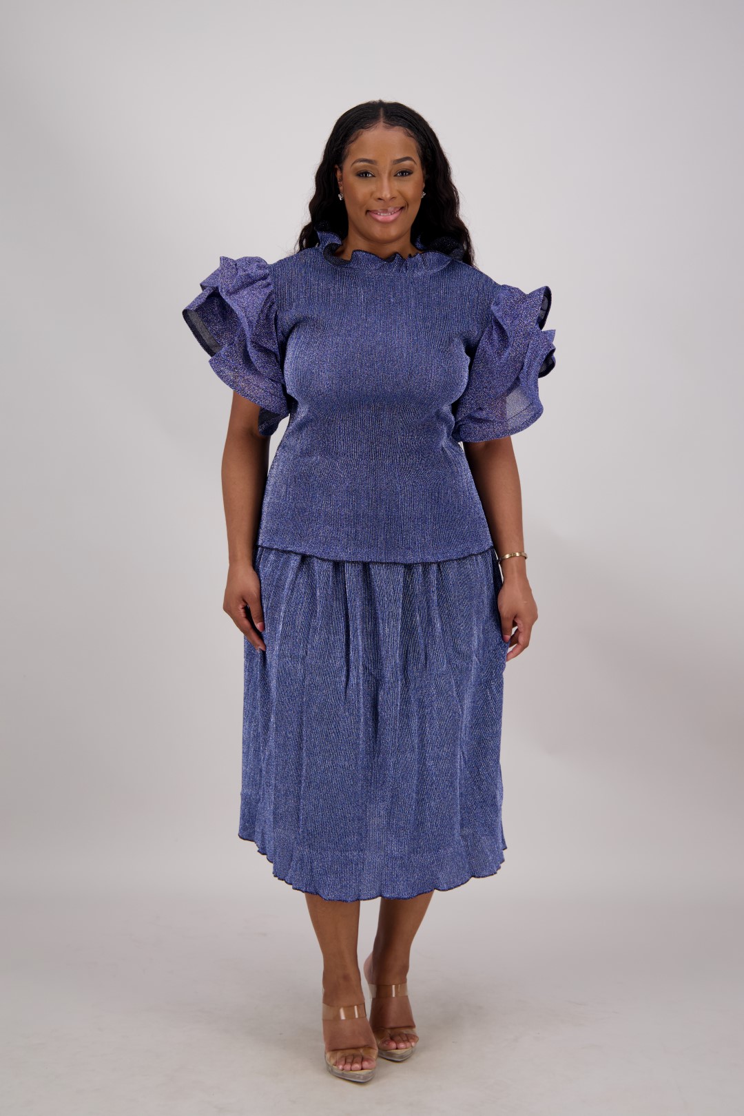 19022/19011 Ruffle Sleeve Stretch Skirt Set – Polyester Blend