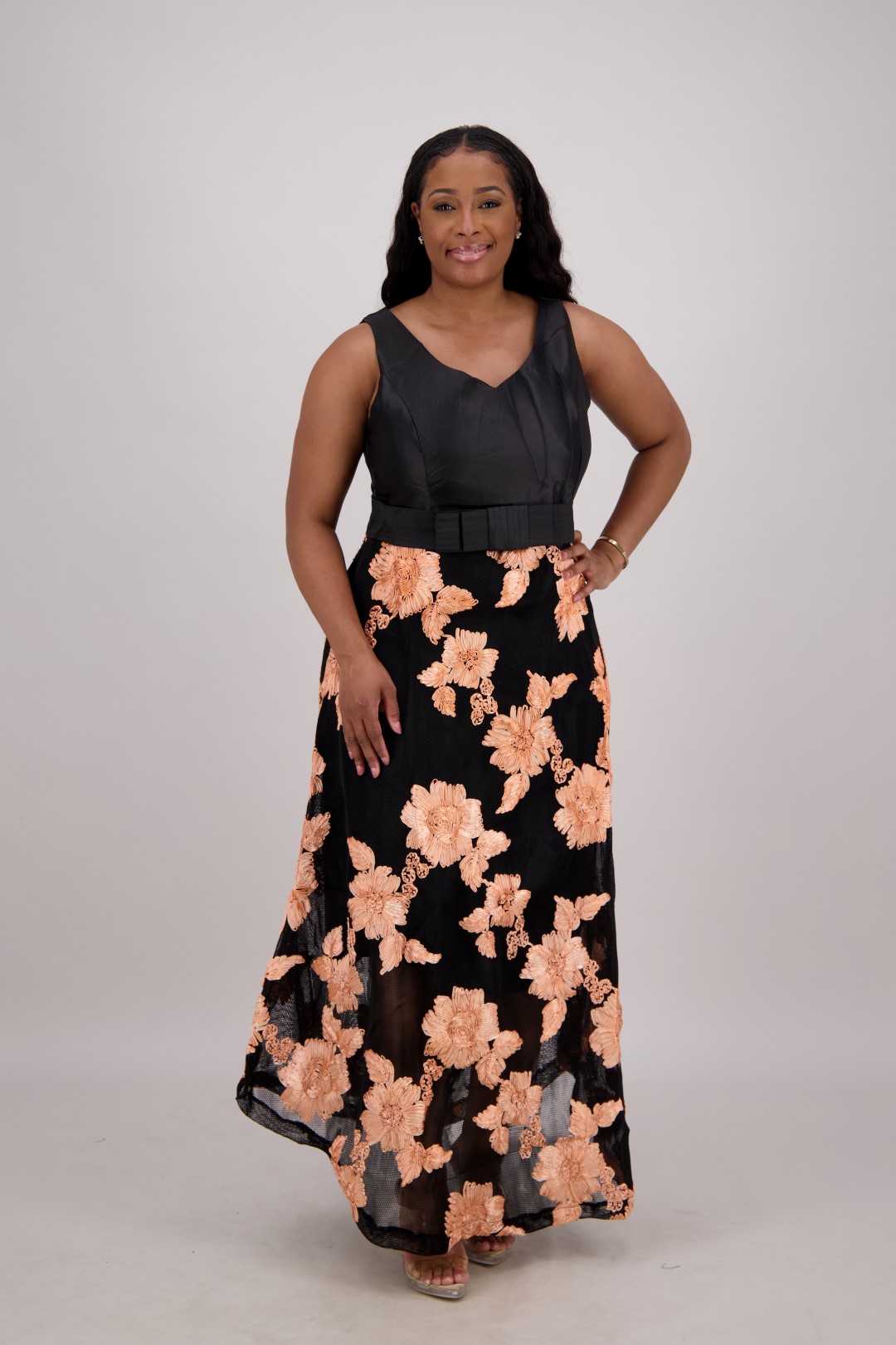 CH-9337 Black & Peach Floral Embroidered Maxi Skirt
