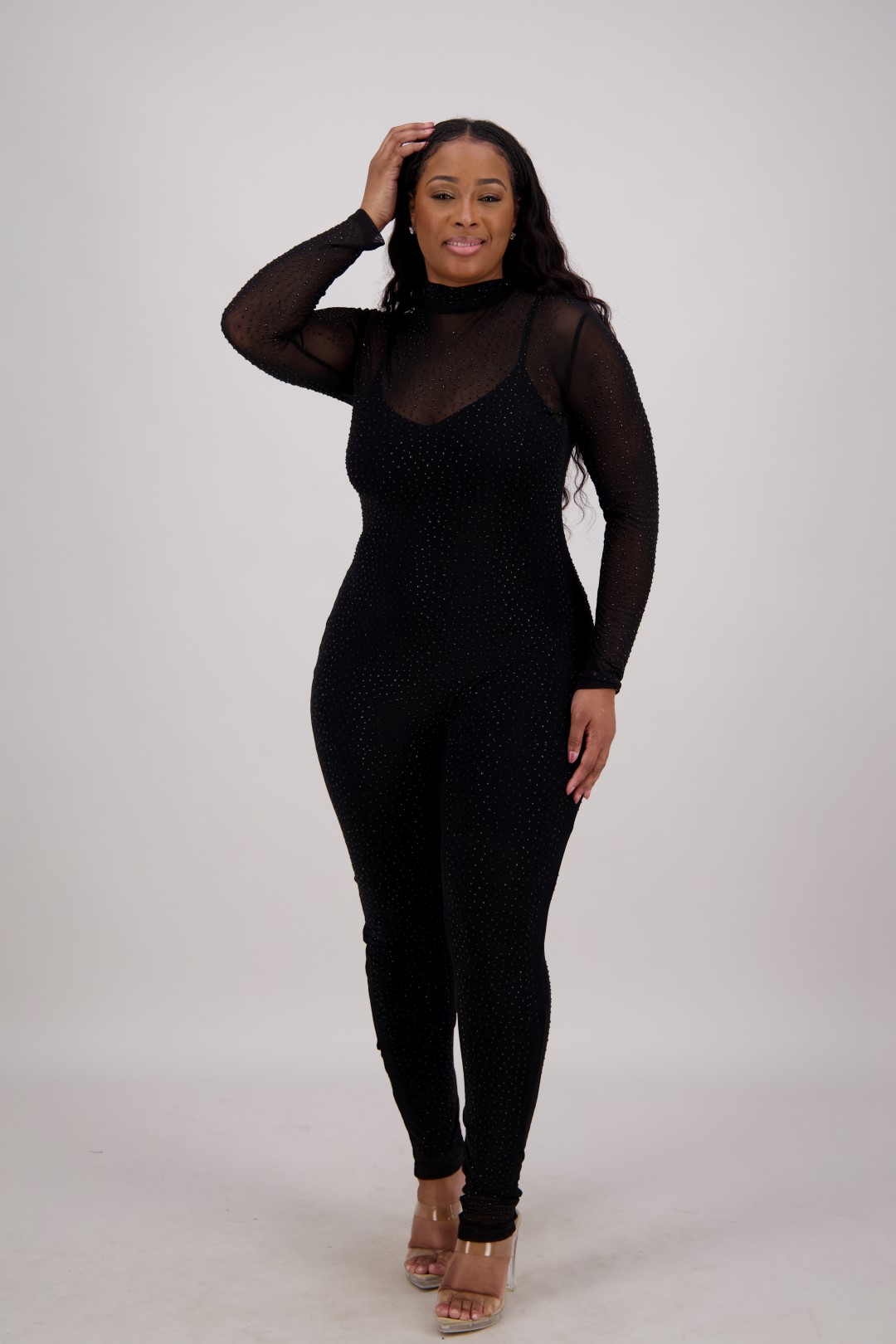 J-0077 Rhinestone Mesh Long Sleeve Bodysuit
