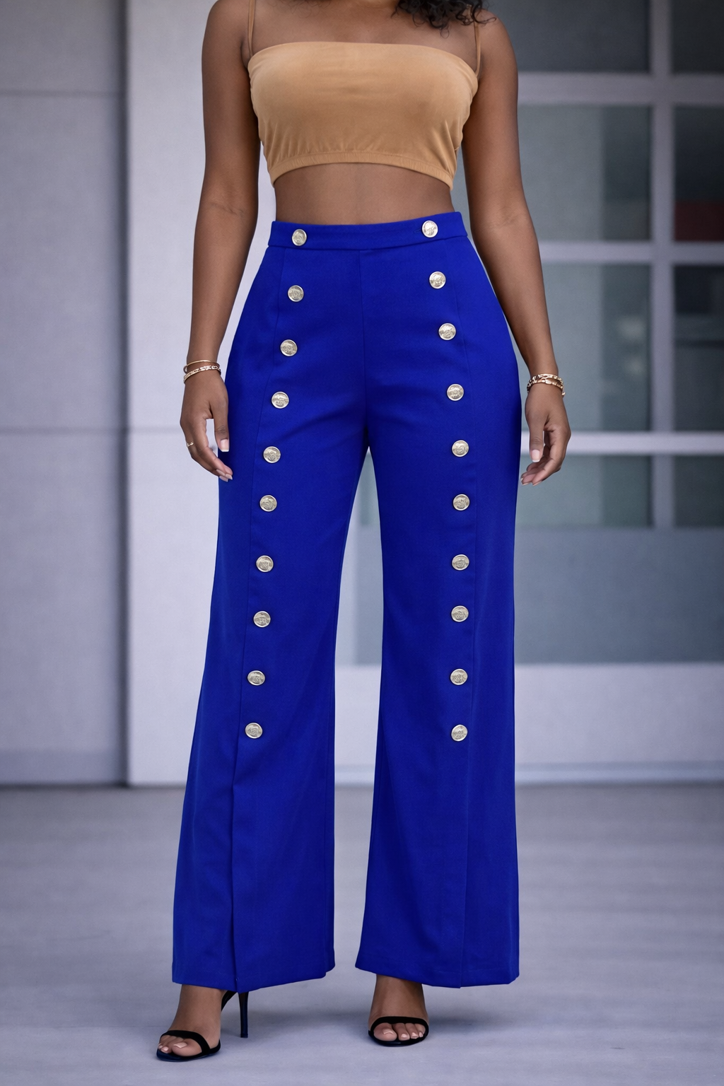 P-0071 High-Waist Button Detail Wide-Leg Pants