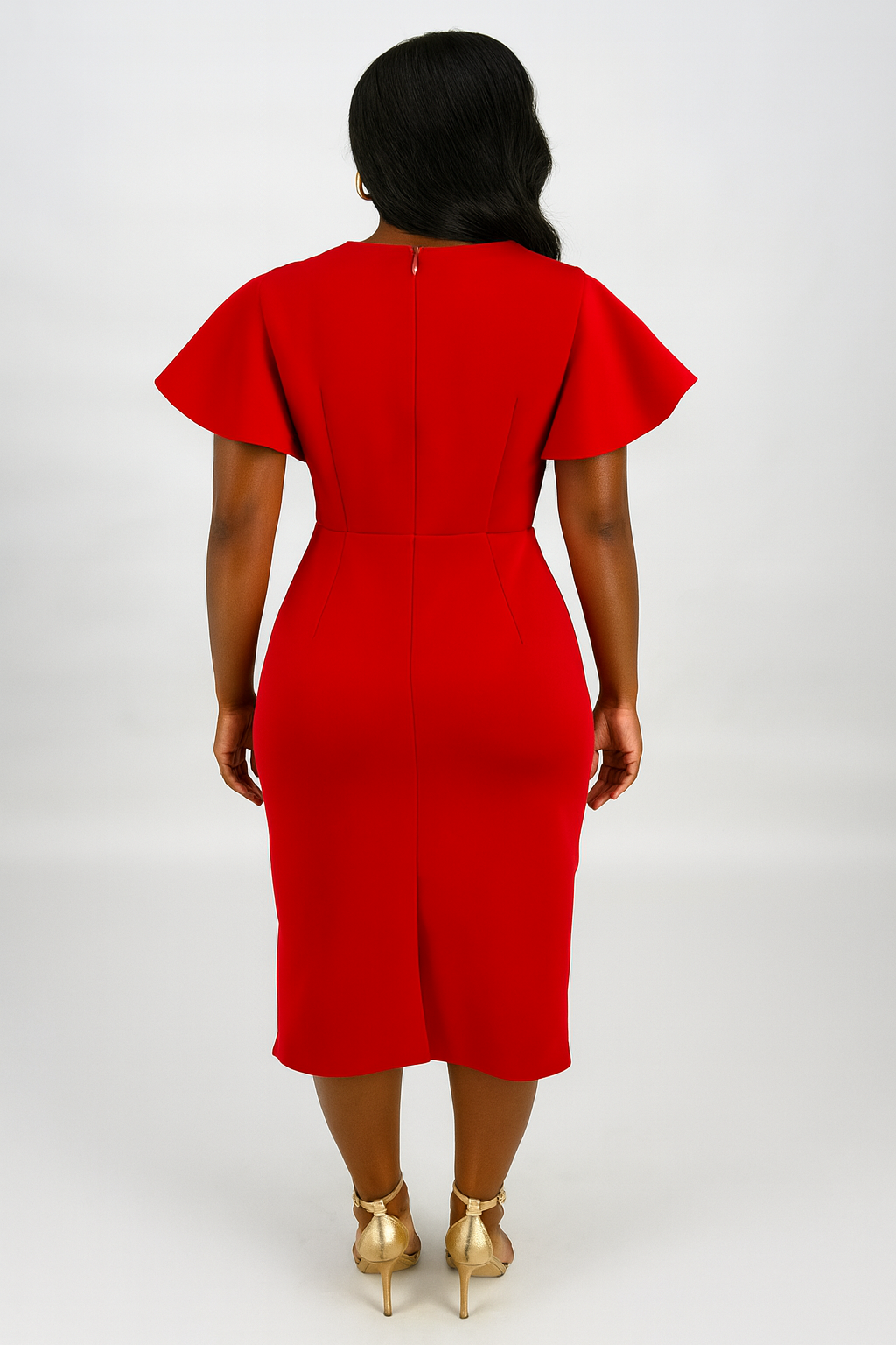 RF-008 Red Flutter Sleeve Scuba Midi Dress