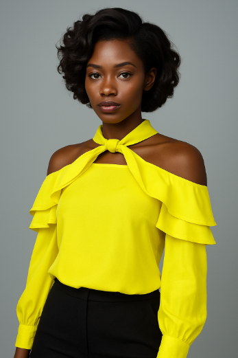 SW-5970 Off-Shoulder Ruffle Tie-Neck Top